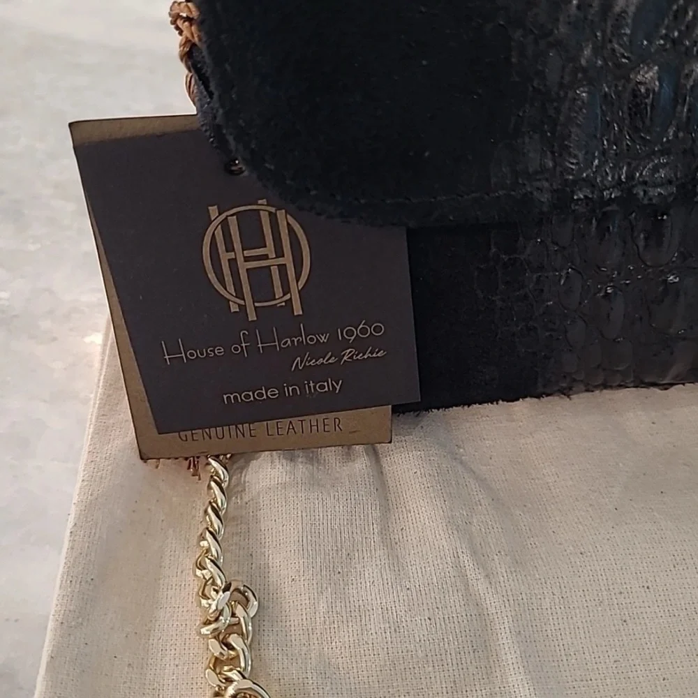 House of Harlow 1960 Black Croc-Embossed Clutch  with gold chain strap nwt